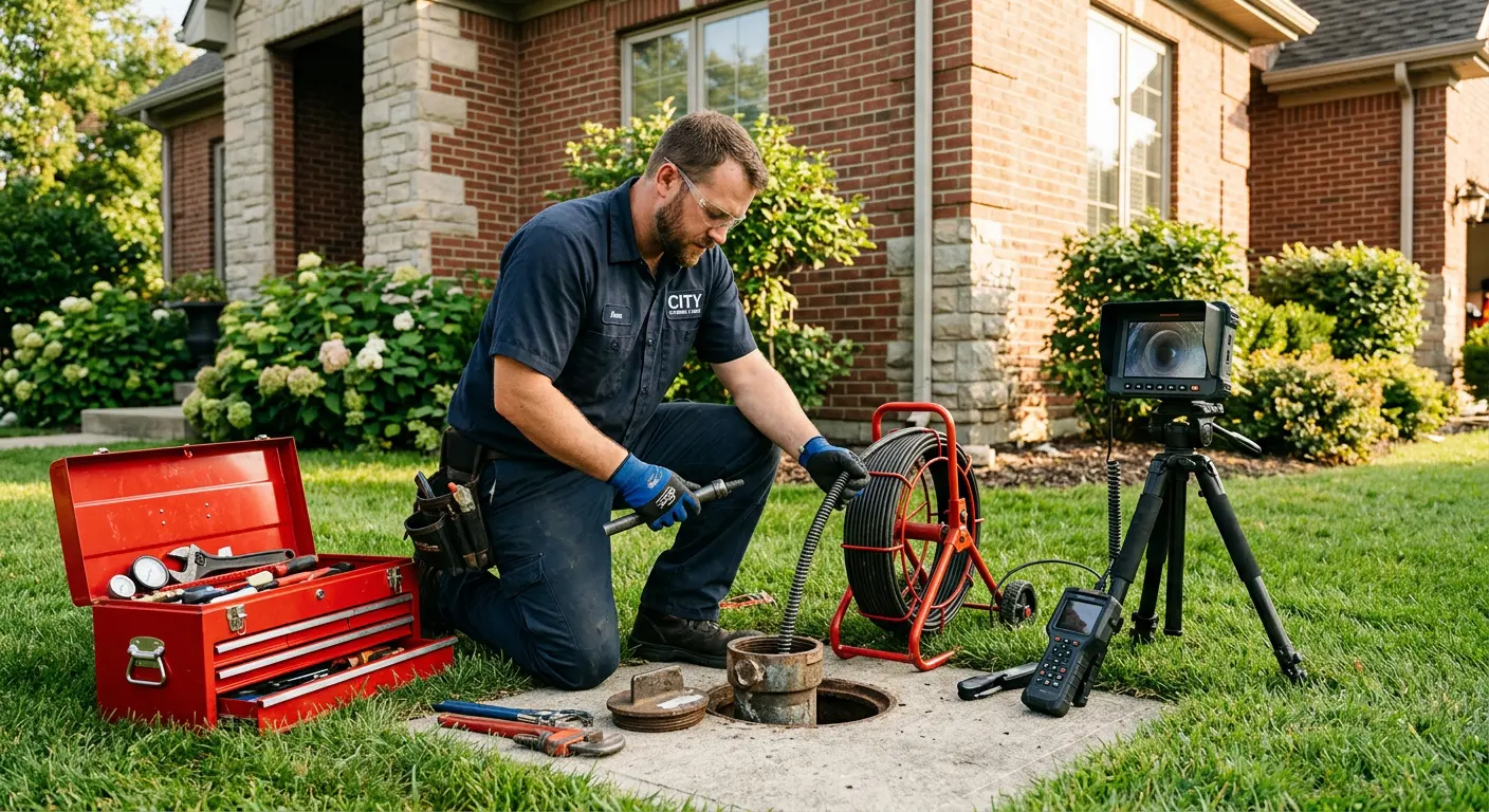 Sewer specialist with camera equipment servicing a cleanout in Johnstown