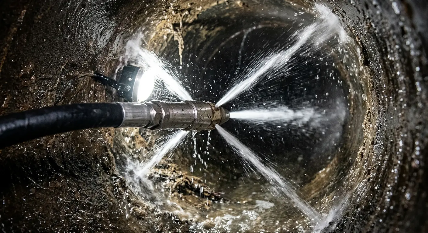 High-pressure hydro jetting nozzle cleaning sewer pipe for Sewer Line Relining in Johnstown