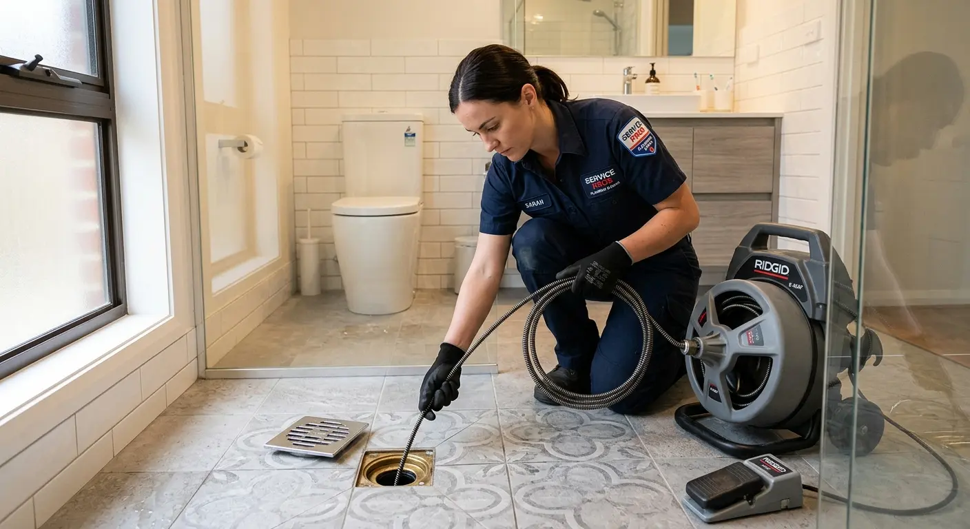 Technician clearing a bathroom floor drain for Drain Cleaning in Johnstown